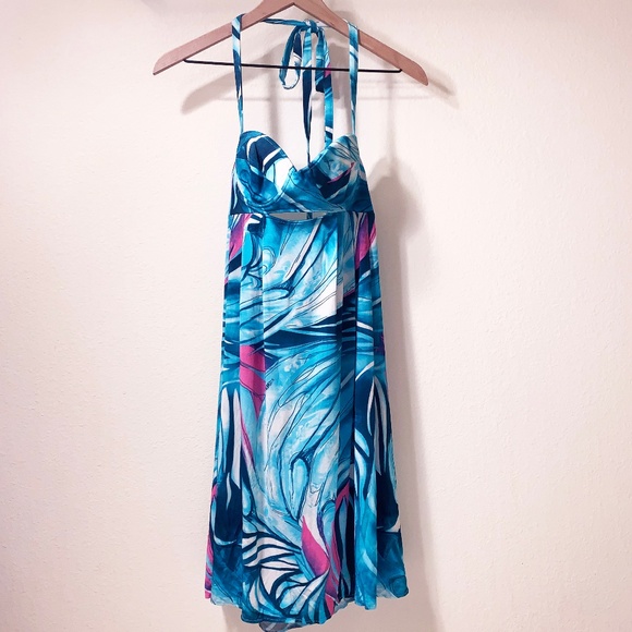 Versace VJC Blue Pink Print Strapless Dress - Picture 2 of 10